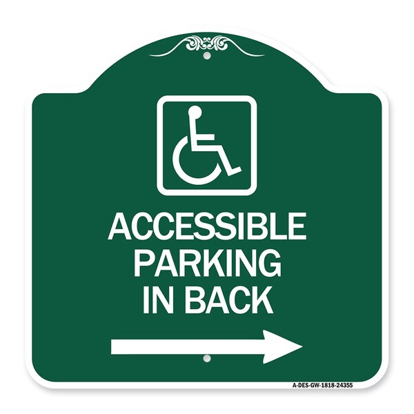 Accessible Parking on Right Arrow W/ Graphic, Green & White Aluminum Sign, 18" x 18", GW-1818-24355